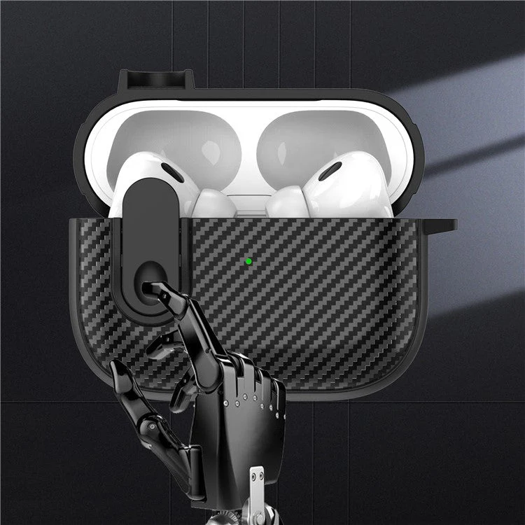 For AirPods Pro 2 Colorful Buckle Earphone Case Carbon Fiber TPU+PC Protective Cover with Keychain - Black+Black - Image 2