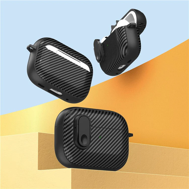 For AirPods Pro 2 Colorful Buckle Earphone Case Carbon Fiber TPU+PC Protective Cover with Keychain - Black+Light Green - Image 3