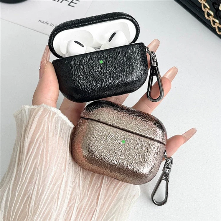 For AirPods Pro 2 Leather Texture Bluetooth Earphone Protective Cover Anti-scratch Case - Gold - Image 2