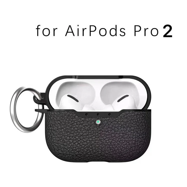 For AirPods Pro 2 Litchi Texture Soft TPU Bluetooth Earphone Case Ultra-thin Protective Cover with Ring Buckle - Black - Image 7