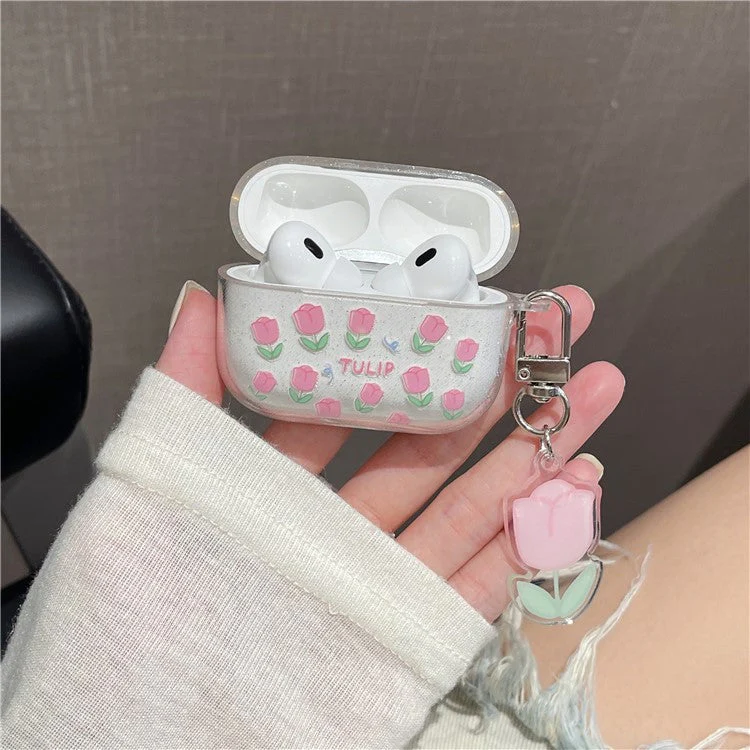 For AirPods Pro 2 One-Piece Design Protective Cover Floral Pattern Glitter TPU Earphone Case with Pendant - Pink Flowers - Image 2