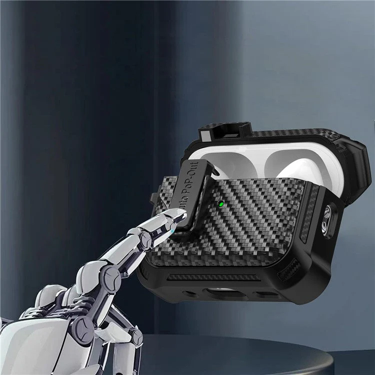 For AirPods Pro 2 Pressing Buckle Wireless Earphone Anti-drop Case Carbon Fiber Texture TPU+PC Cover - Purple - Image 7