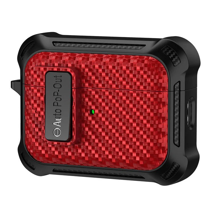 For AirPods Pro 2 Pressing Buckle Wireless Earphone Anti-drop Case Carbon Fiber Texture TPU+PC Cover - Red