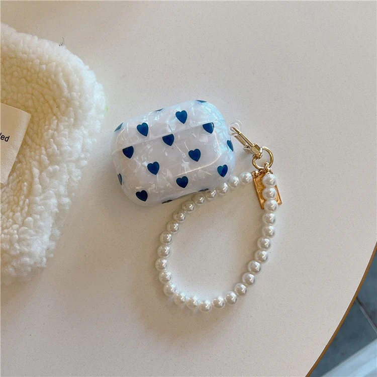For AirPods Pro 2 / Pro Blue Heart Pattern Protective Cover Shell Texture Bluetooth Earphone TPU Case with Bracelet - Image 3