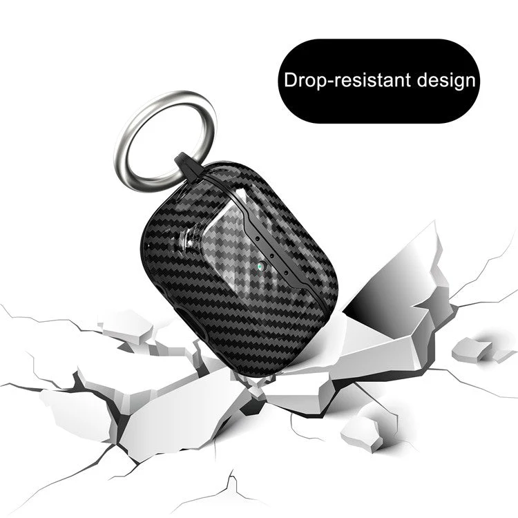 For AirPods Pro 2 / Pro Case Cover Carbon Fiber Protective Cover Portable Earbuds Anti-Drop TPU Case with Buckle - Black - Image 2