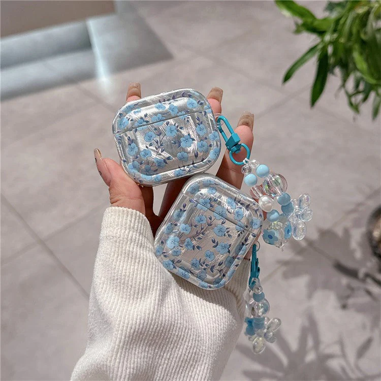 For AirPods Pro 2 / Pro Drop Protection TPU Cover Blue Flower Pattern TWS Earphone Case with Pendant - Image 3