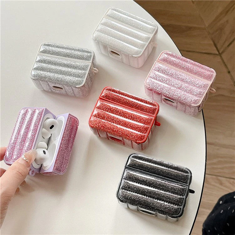 For AirPods Pro 2 / Pro Portable Cover Glitter Down Jacket Design Leather+TPU Earphone Case - White - Image 3