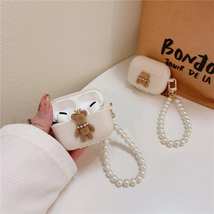 For AirPods Pro 2 / Pro TPU Cover Cute Bear Decor Bluetooth Earphone Case Protective Sleeve with Bracelet - Bear with Crown - Image 3