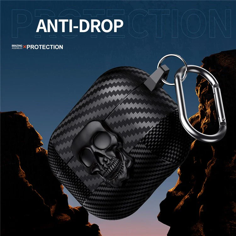 For AirPods Pro 2 Protective Case Skull Design Snap Switch TPU + Metal Earphone Cover with Carabiner - Black - Image 3