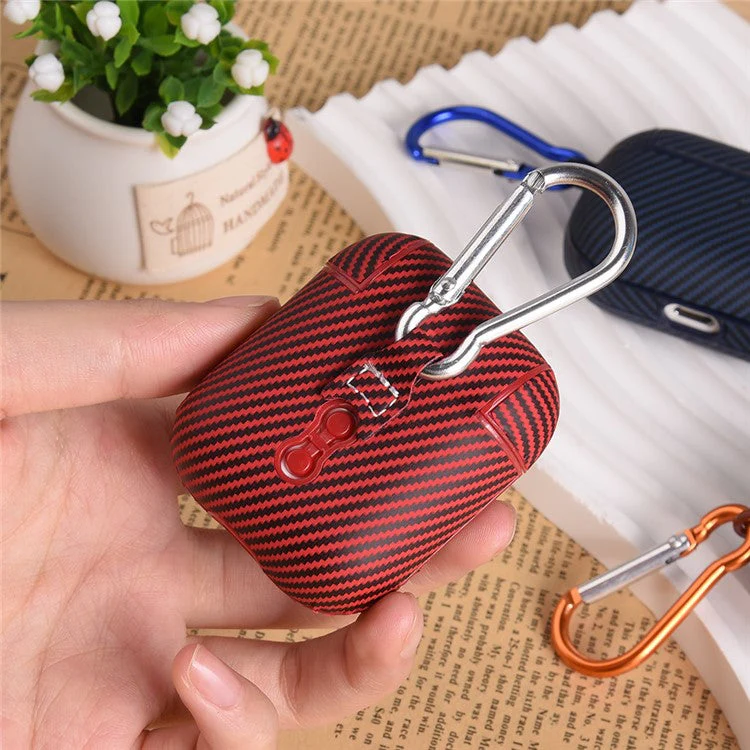 For AirPods Pro 2 Protective Cover Carbon Fiber Texture Earbuds PU Leather PC Hard Case with Hook - Red - Image 8