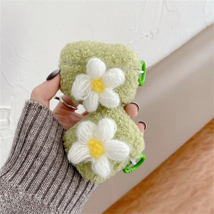 For AirPods Pro 2 Retro Flower Design Soft Fluff TPU Protective Cover Winter Warm Bluetooth Earphone Anti-drop Case with Ring Buckle - Green - Image 4