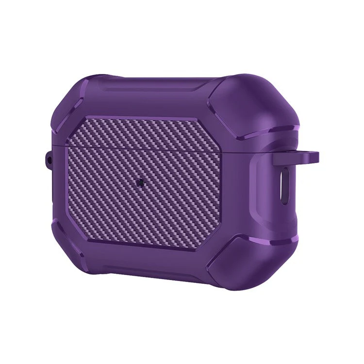 For AirPods Pro 2 TPU+PC Earphone Case Carbon Fiber Texture Reinforced Protective Cover with Carabiner - Purple - Image 2
