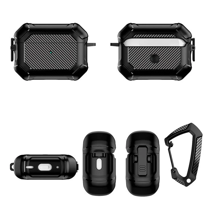 For AirPods Pro 2 TPU+PC Earphone Case Carbon Fiber Texture Reinforced Protective Cover with Carabiner - Purple - Image 7