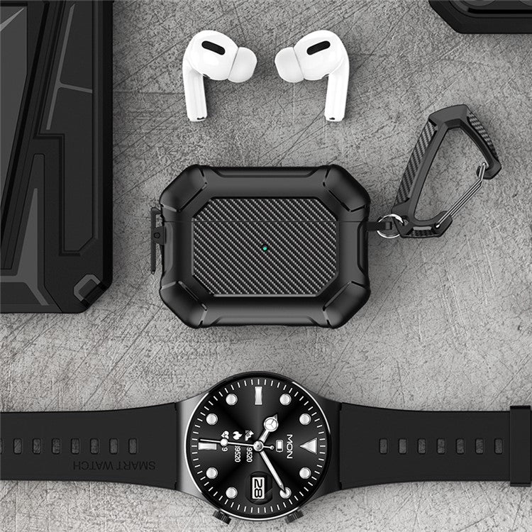 For AirPods Pro 2 TPU+PC Earphone Case Carbon Fiber Texture Reinforced Protective Cover with Carabiner - Sapphire - Image 6