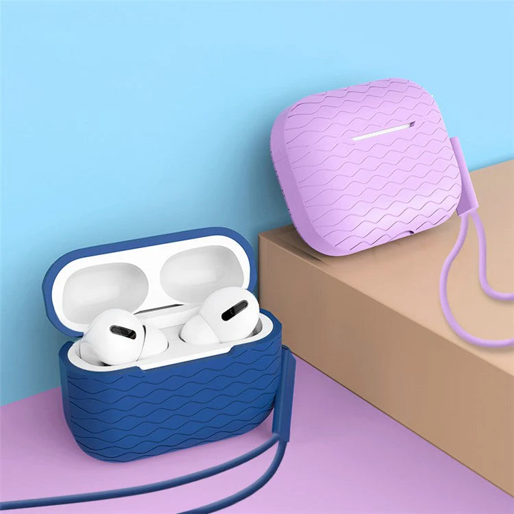 For AirPods Pro 2 Wavy Texture Earphone Case Soft Silicone Anti-Scratch Protective Cover Skin Shell with Strap - Purple - Image 6