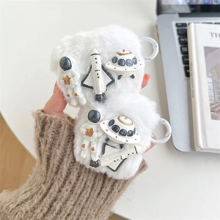 For AirPods with Charging Case (2016) / (2019) / AirPods with Wireless Charging Case (2019) Astronaut Spaceship Rocket Faux Fur+TPU Earphone Cover Protective Case with Ring Buckle - Image 5