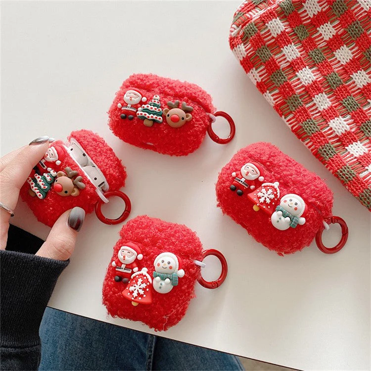 For AirPods with Charging Case (2016) / (2019) / AirPods with Wireless Charging Case (2019) Cute Christmas Cartoon Design TPU Earphone Case Soft Fluff Protective Cover with Ring Buckle - Elk - Image 2