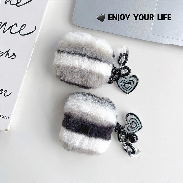 For AirPods with Charging Case (2016) / (2019) / AirPods with Wireless Charging Case (2019) Cute Plush Splicing Earphone Case Protective Cover with Heart Pendant - Black / White - Image 7