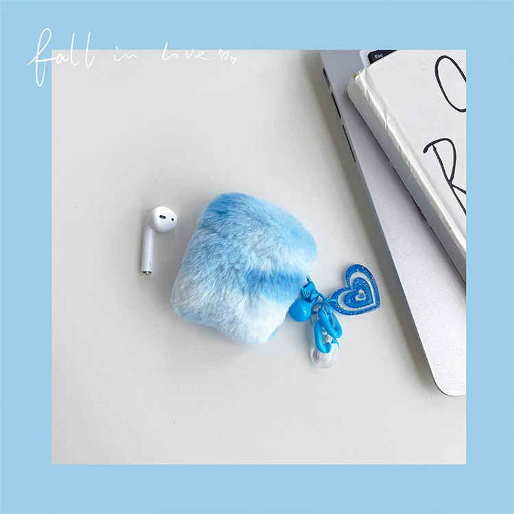 For AirPods with Charging Case (2016) / (2019) / AirPods with Wireless Charging Case (2019) Cute Plush Splicing Earphone Case Protective Cover with Heart Pendant - Blue / White - Image 6