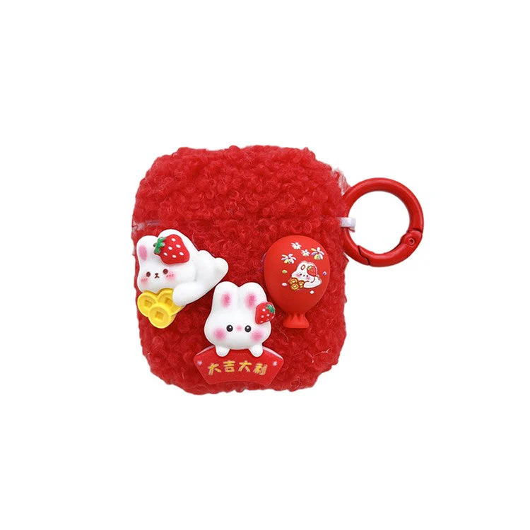 For AirPods with Charging Case (2016) / (2019) / AirPods with Wireless Charging Case (2019) Cute Rabbit Fluff TPU Earphone Cover Protective Case with Ring Buckle
