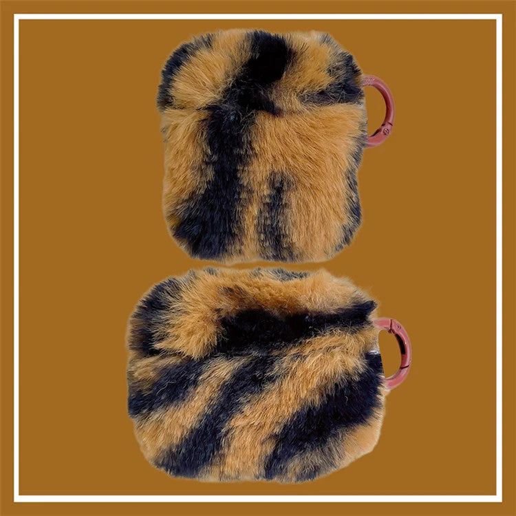 For AirPods with Charging Case (2016) / (2019) / AirPods with Wireless Charging Case (2019) Leopard Print Faux Fur Coated TPU Earphone Cover Drop-proof Case with Ring Buckle - Black / Brown - Image 2