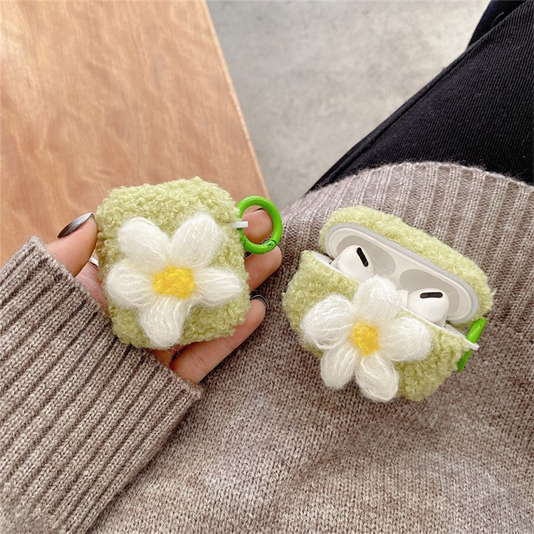 For AirPods with Charging Case (2016)  /  (2019)  /  AirPods with Wireless Charging Case (2019) Retro Flower Soft Fluff TPU Earphone Cover Winter Protective Case with Ring Buckle - Green - Image 2