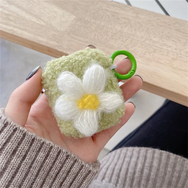 For AirPods with Charging Case (2016)  /  (2019)  /  AirPods with Wireless Charging Case (2019) Retro Flower Soft Fluff TPU Earphone Cover Winter Protective Case with Ring Buckle - Green - Image 3
