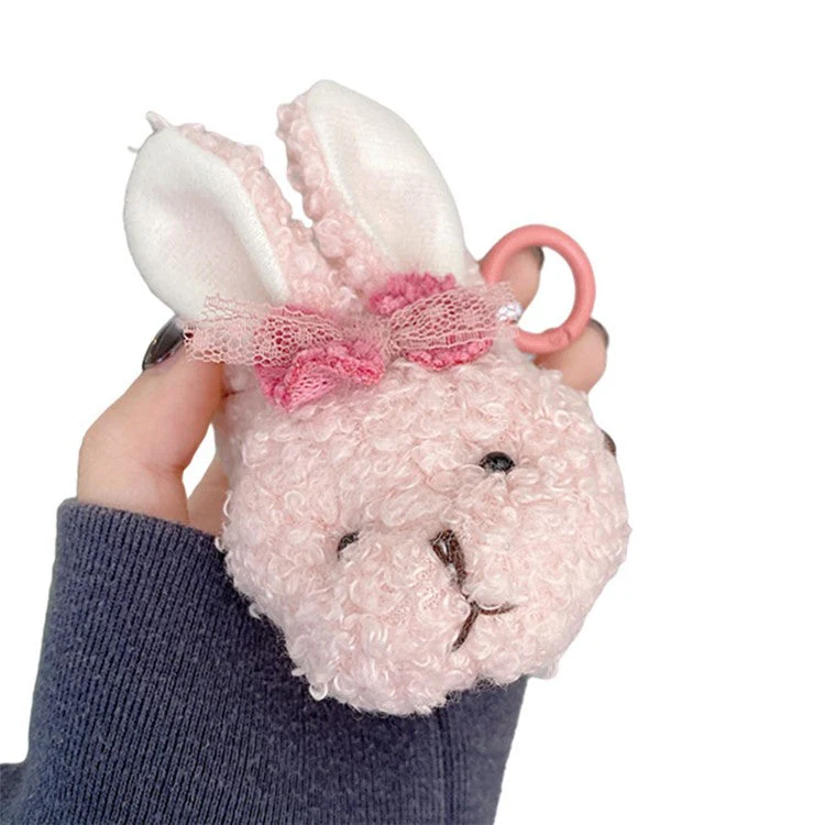 For AirPods with Charging Case (2016) / (2019) / AirPods with Wireless Charging Case (2019) Soft Fluff TPU Protective Cover Cute Cartoon Animal Earphone Anti-drop Case with Ring Buckle - Rabbit
