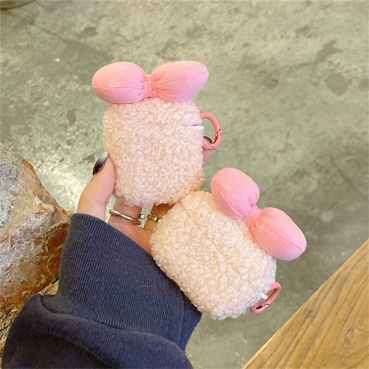 For AirPods with Charging Case (2016) / (2019) / AirPods with Wireless Charging Case (2019) Soft Fluff TPU Protective Cover Lovely Bowknot Earphone Anti-drop Case with Ring Buckle - Image 3