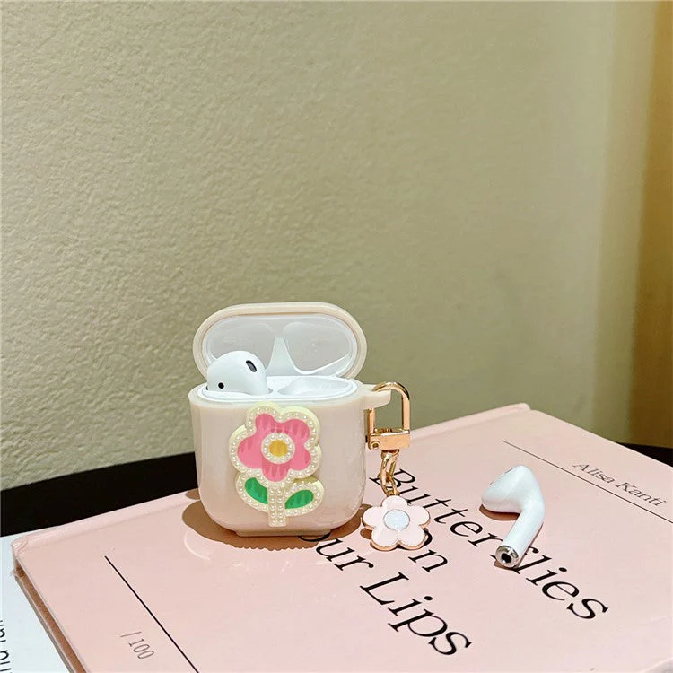 For AirPods with Charging Case (2016) / (2019) / AirPods with Wireless Charging Case (2019) TPU Cover with Pendant Earphone Case - Pink Green Flower - Image 3