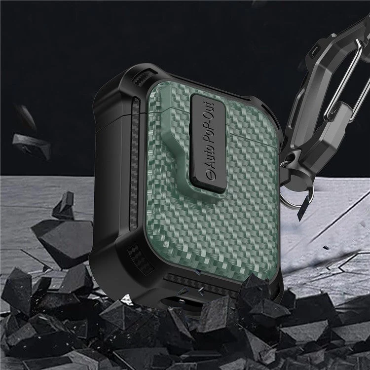 For AirPods with Wireless Charging Case (2019) / AirPods with Charging Case (2019) / (2016) Pressing Buckle Case Carbon Fiber Texture Cover - Black - Image 5