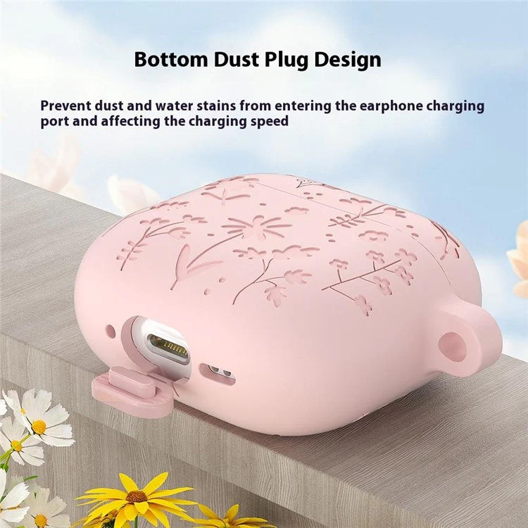 For Apple AirPods 3 Case Floral Pattern Liquid Silicone Earphone Cover with Carabiner - Light Pink - Image 6