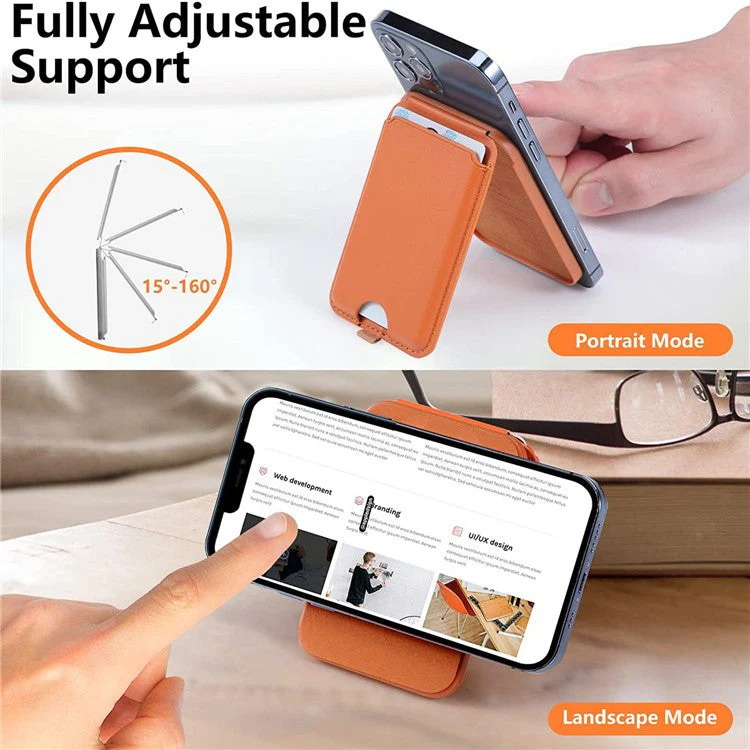 For iPhone 12 / 13 / 14 / 15 Series Magnetic Card Holder Compatible with MagSafe PU Phone Kickstand Card Bag - Black - Image 4