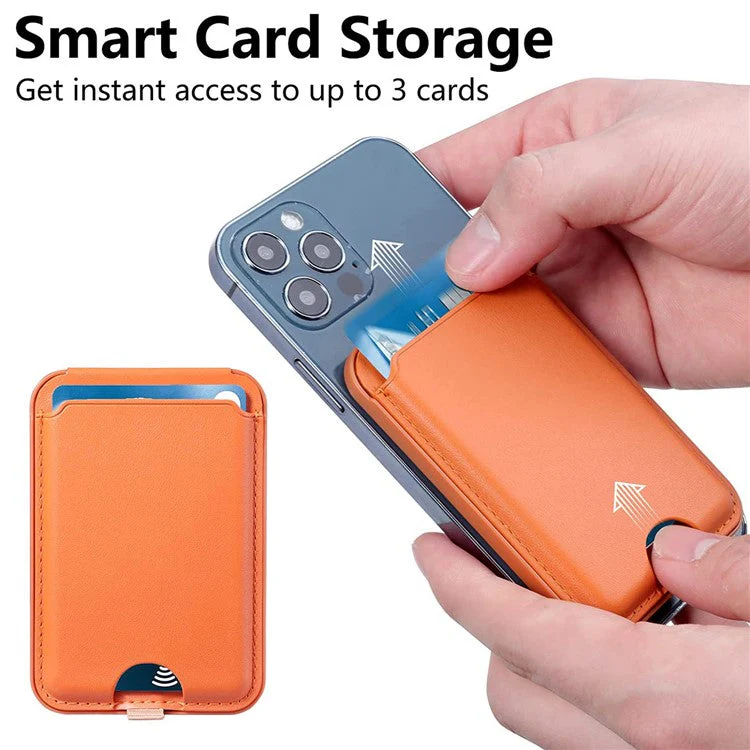 For iPhone 12 / 13 / 14 / 15 Series Magnetic Card Holder Compatible with MagSafe PU Phone Kickstand Card Bag - Orange - Image 2