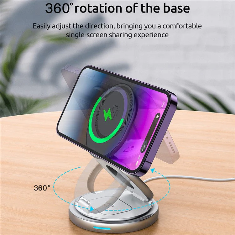 For iPhone 16 3-in-1 Magnetic Wireless Charger 360° Rotatable Zinc Alloy Stand - White - Image 7