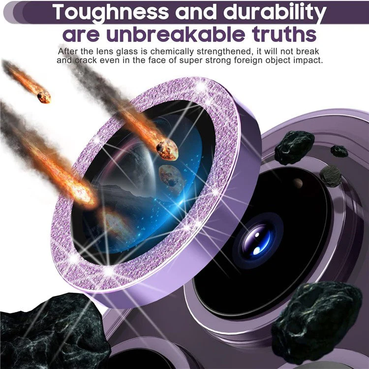 For iPhone 16 Pro / 16 Pro Max Glitter Camera Lens Film Metal Ring+Tempered Glass Phone Lens Protector - Purple - Image 2