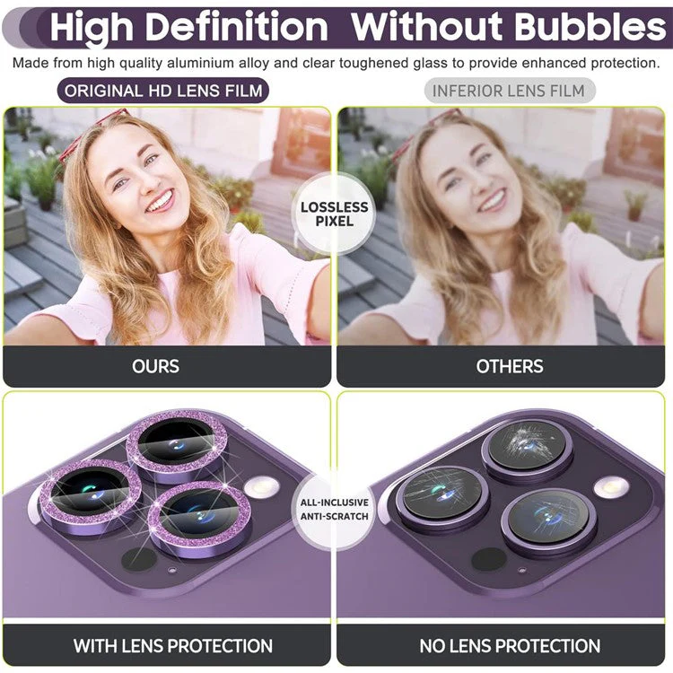 For iPhone 16 Pro / 16 Pro Max Glitter Camera Lens Film Metal Ring+Tempered Glass Phone Lens Protector - Purple - Image 6
