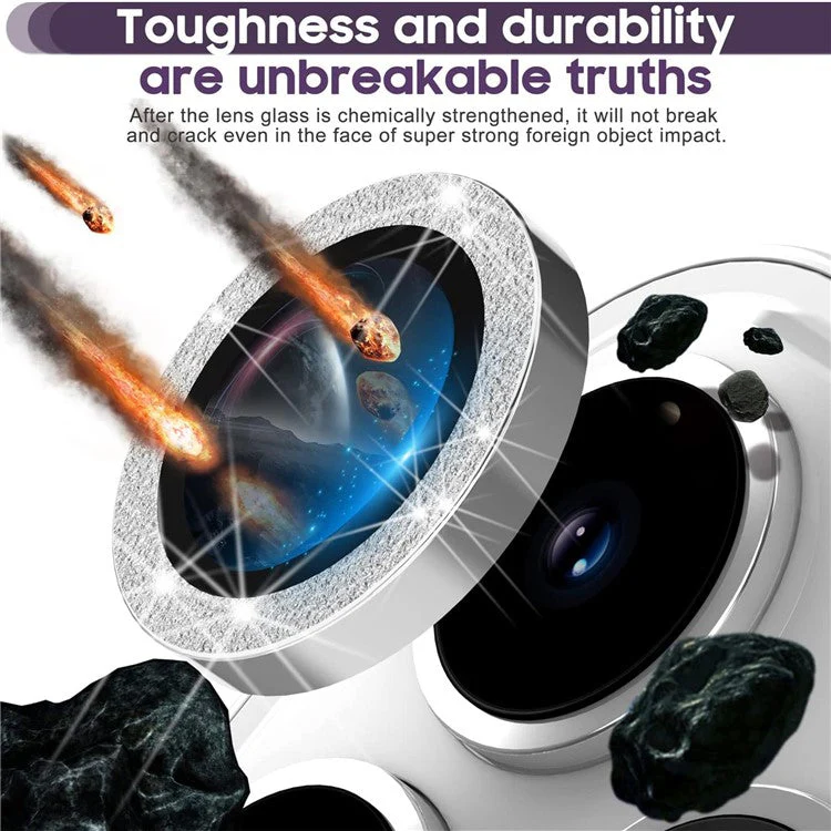 For iPhone 16 Pro / 16 Pro Max Glitter Camera Lens Film Metal Ring+Tempered Glass Phone Lens Protector - Silver - Image 2