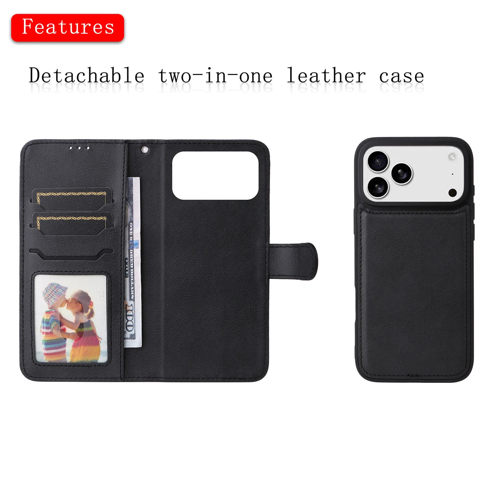 For iPhone 17 Pro Max Case 2 in 1 Detachable Magnetic Leather Wallet Mobile Cover with Strap - Black - Image 2