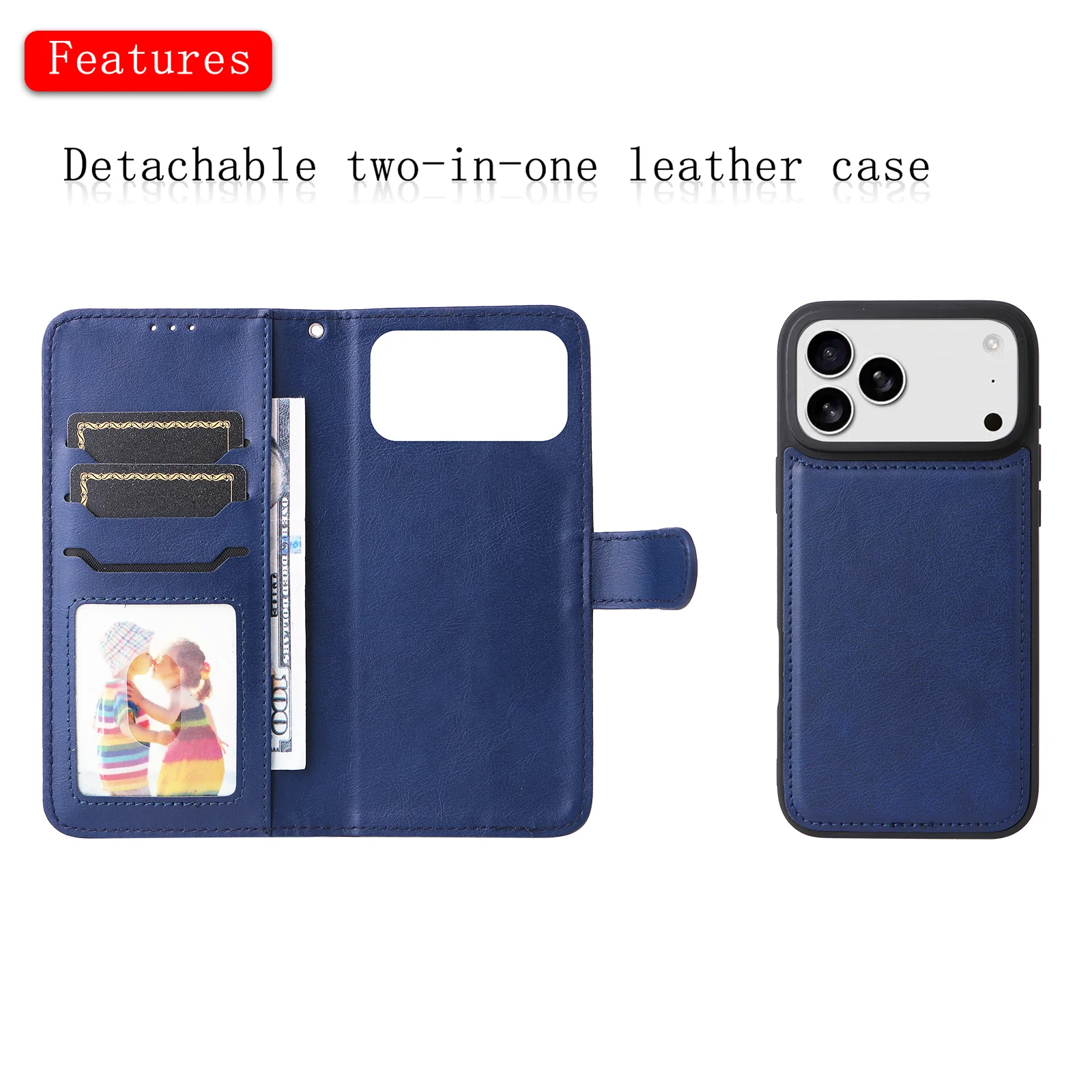 For iPhone 17 Pro Max Case 2 in 1 Detachable Magnetic Leather Wallet Mobile Cover with Strap - Blue - Image 2