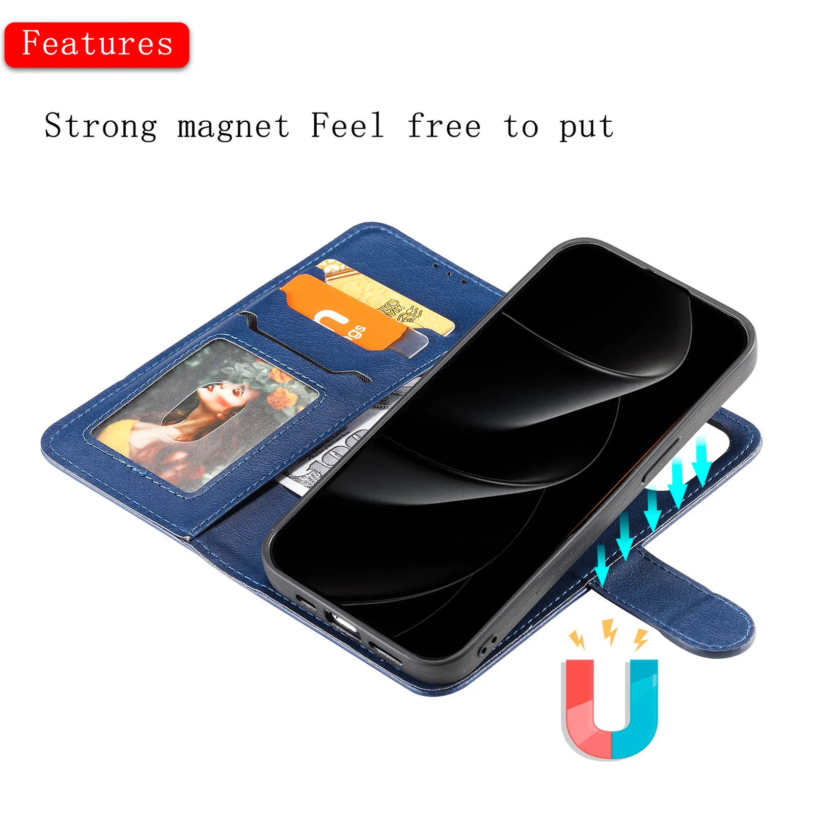 For iPhone 17 Pro Max Case 2 in 1 Detachable Magnetic Leather Wallet Mobile Cover with Strap - Blue - Image 3