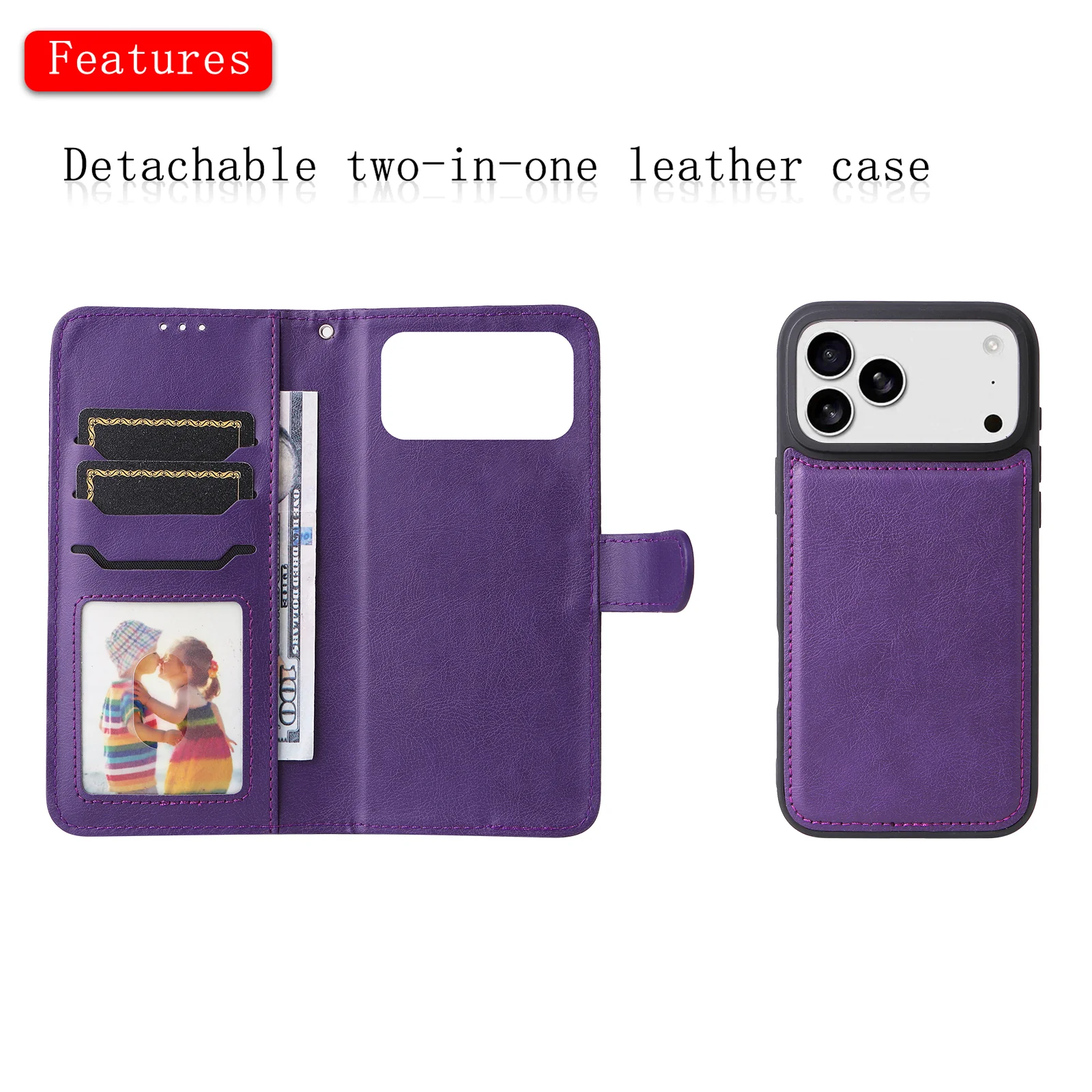 For iPhone 17 Pro Max Case 2 in 1 Detachable Magnetic Leather Wallet Mobile Cover with Strap - Purple - Image 2