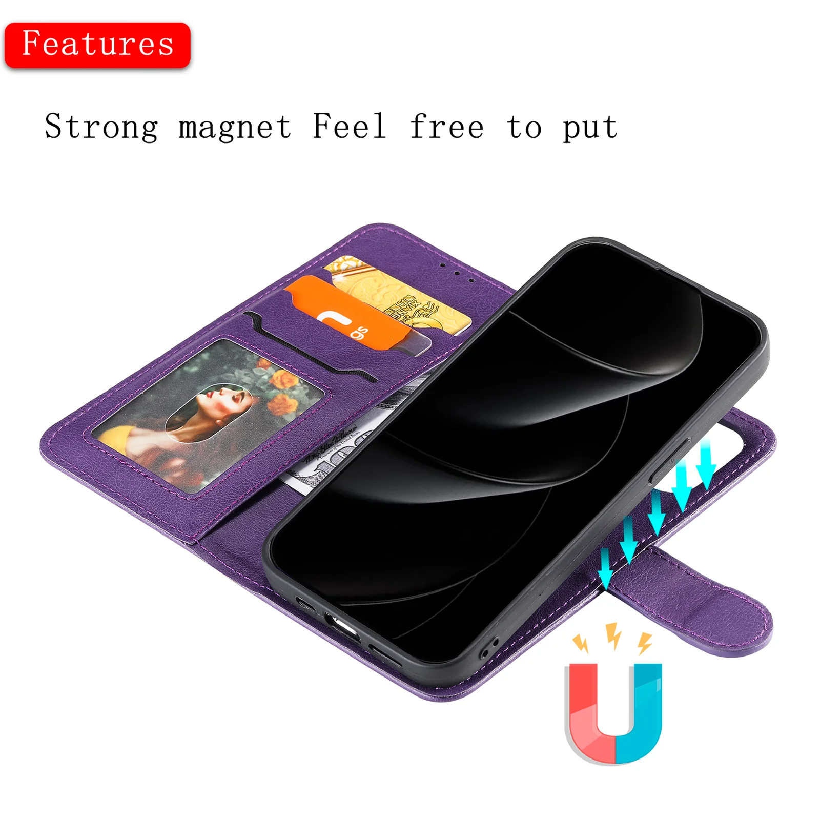 For iPhone 17 Pro Max Case 2 in 1 Detachable Magnetic Leather Wallet Mobile Cover with Strap - Purple - Image 3