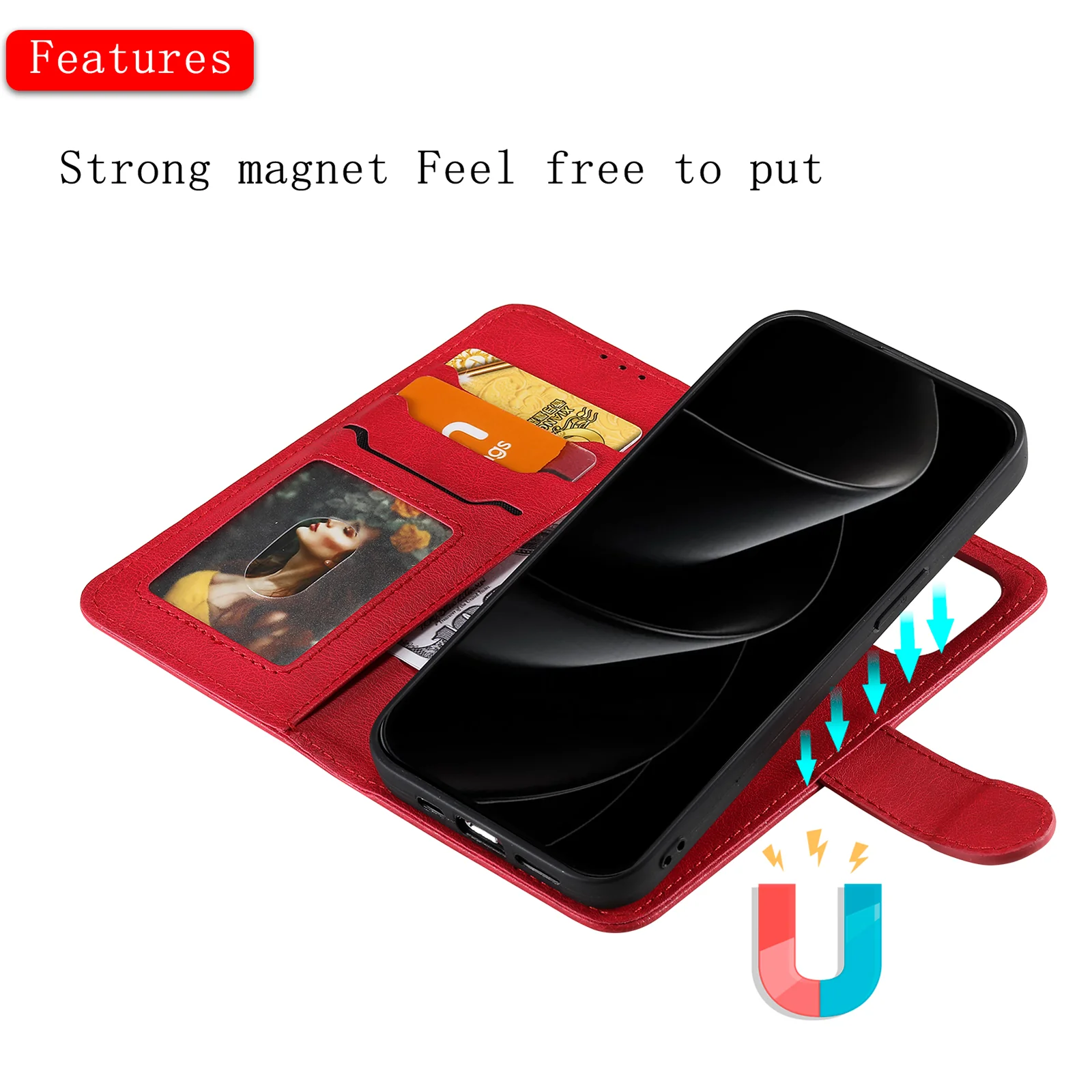 For iPhone 17 Pro Max Case 2 in 1 Detachable Magnetic Leather Wallet Mobile Cover with Strap - Red - Image 3