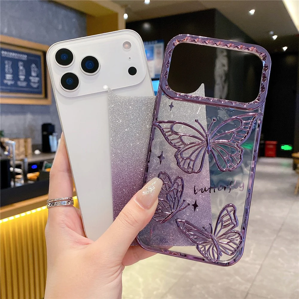 For iPhone 17 Pro Max Case 3D Butterfly TPU Phone Cover with Gradient Glitter Paper - Gold - Image 2