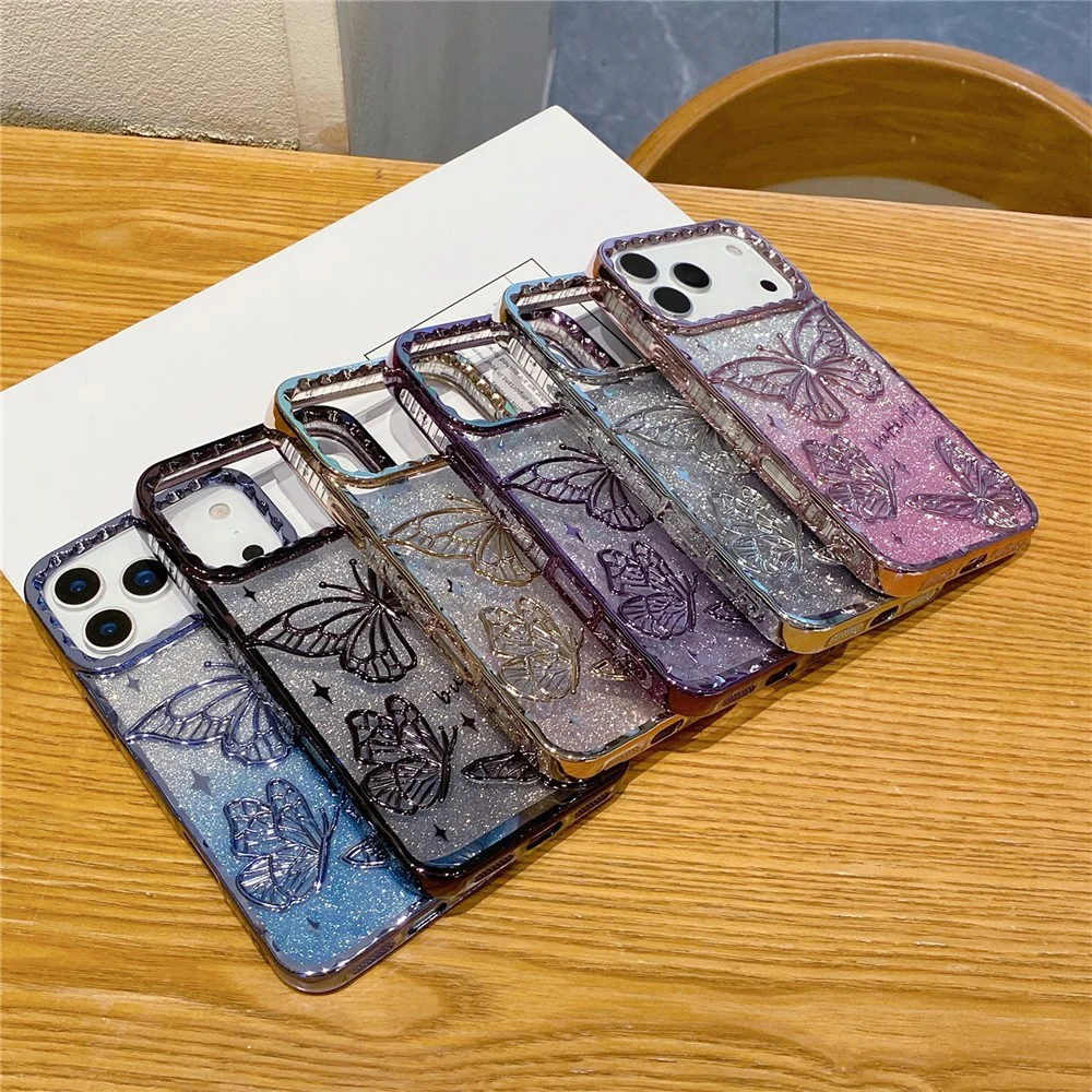 For iPhone 17 Pro Max Case 3D Butterfly TPU Phone Cover with Gradient Glitter Paper - Gold - Image 6