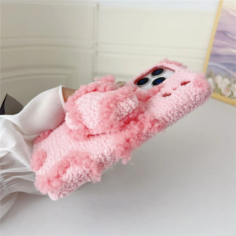 For iPhone 17 Pro Max Case 3D Heart Plush TPU Winter Warm Soft TPU Phone Cover - Brown - Image 5