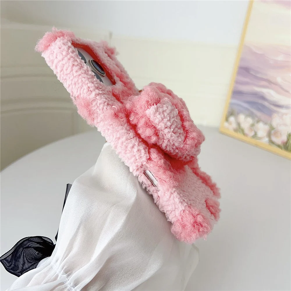 For iPhone 17 Pro Max Case 3D Heart Plush TPU Winter Warm Soft TPU Phone Cover - Pink - Image 3
