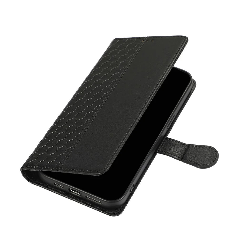 For iPhone 17 Pro Max Case 3D Rhombus Grid Imprinted Wallet Leather Phone Cover with Lanyard - Black - Image 5