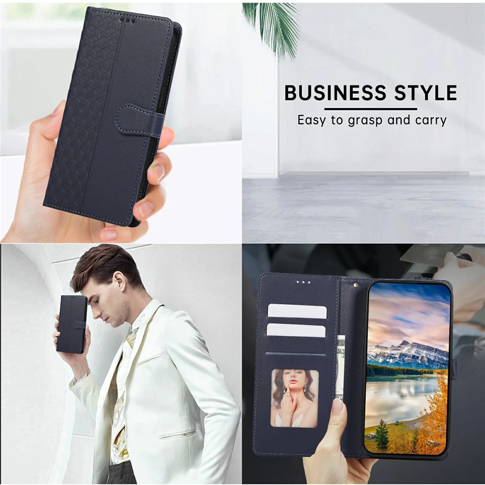 For iPhone 17 Pro Max Case 3D Rhombus Grid Imprinted Wallet Leather Phone Cover with Lanyard - Blue - Image 6